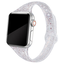 SWEES Shiny Bling Glitter Soft Slim Thin Narrow Small Replacement Sport Silicone Strap Compatible for Apple Watch 38mm 40mm 42mm 44mm Series 5/4/3/2/1 Sport Edition Women, Glistening Silver
