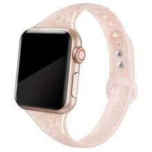SWEES Shiny Bling Glitter Soft Slim Thin Narrow Small Replacement Sport Silicone Strap Compatible for Apple Watch 38mm 40mm 42mm 44mm Series 5/4/3/2/1 Sport Edition Women, Glistening Silver
